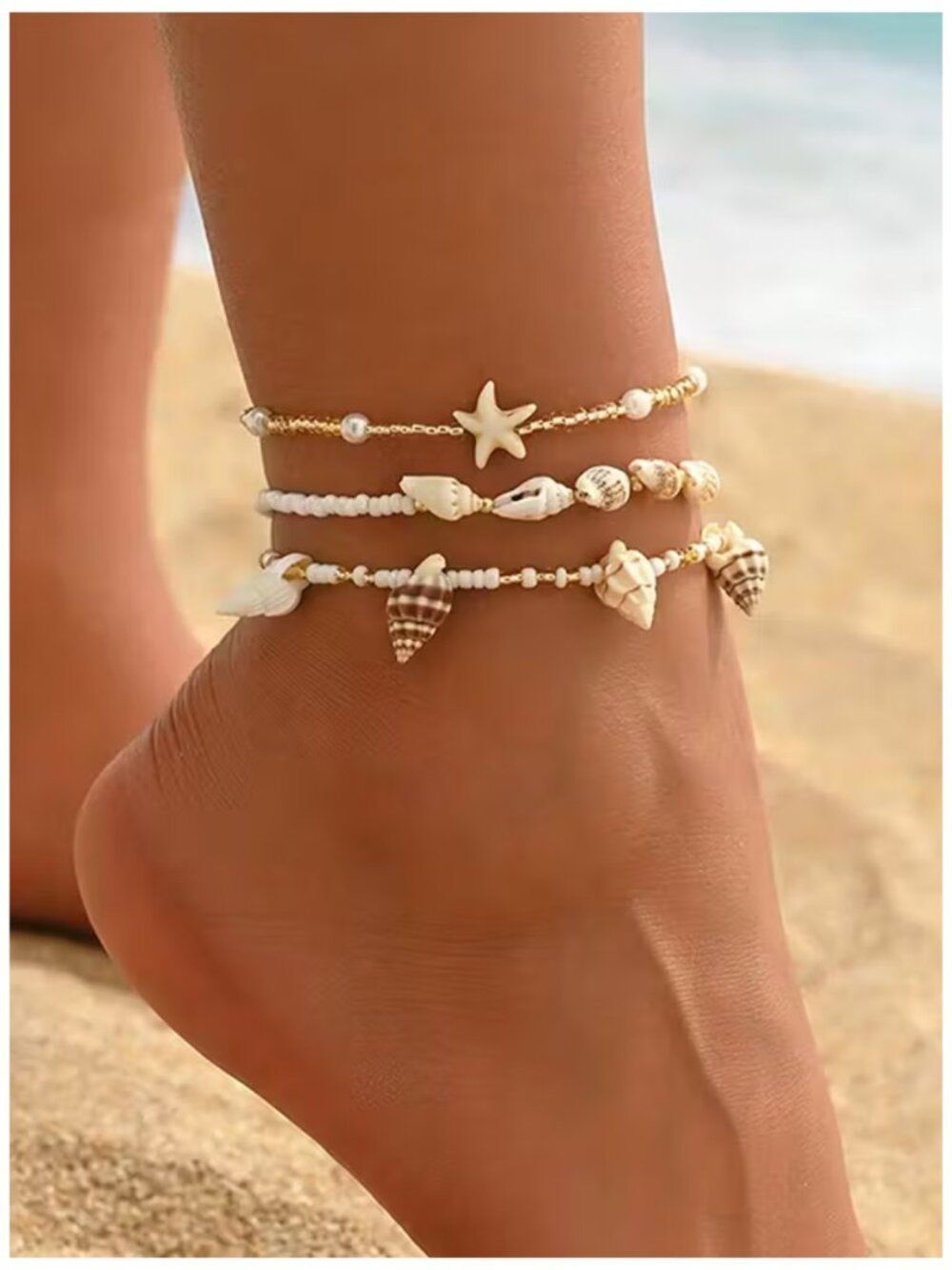 Bohemian Life 3pc Shells & Starfish Seed Bead Faux Pearls Anklets Glass Beads